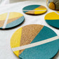 SOLD Set of 4 Cork Coasters - Hand Painted Geometric/Modern Design (Blue/Yellow/White)