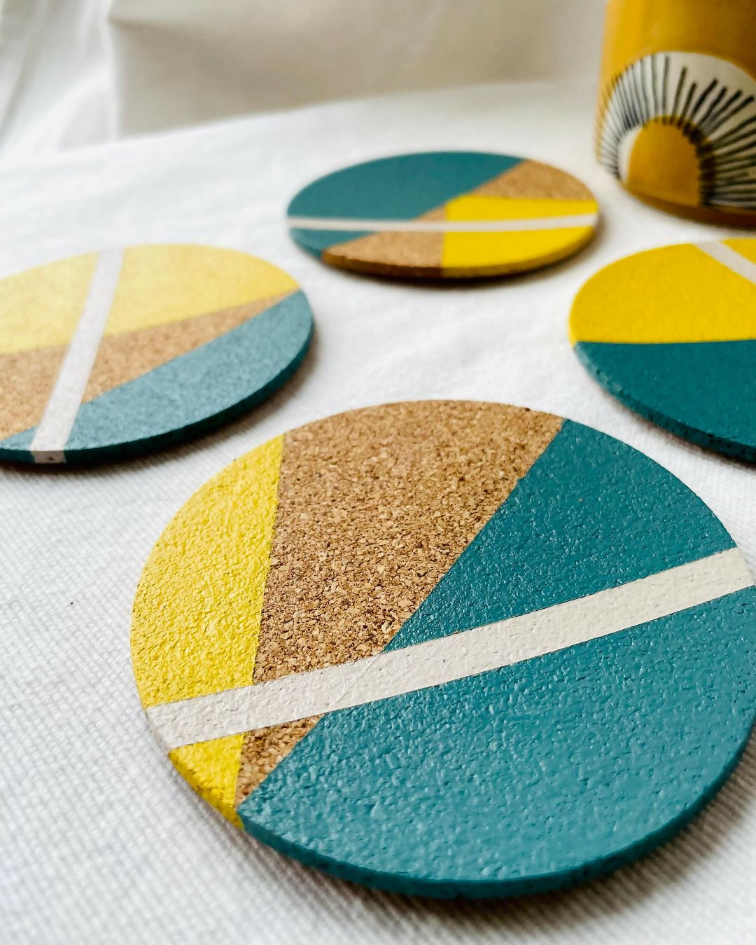 SOLD Set of 4 Cork Coasters - Hand Painted Geometric/Modern Design (Blue/Yellow/White)