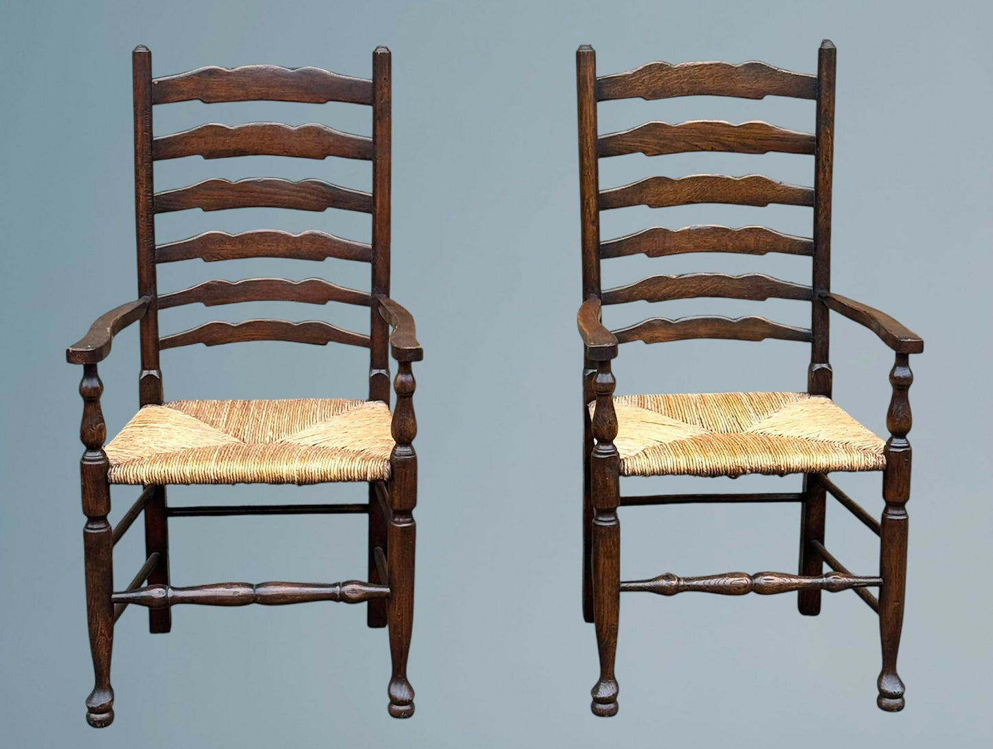 Pair Oak Rush Seated Ladder Back Armchairs