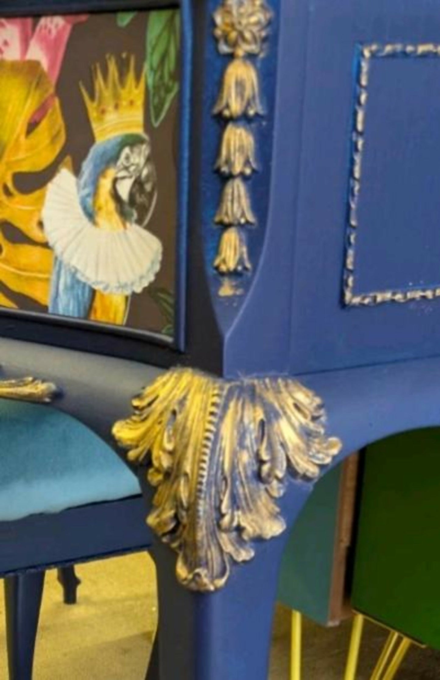 Vintage French Dressing Table, Desk Bedroom Office. Painted Furniture. Upcycled Navy Blue Gold Tropical Bird Commission Piece