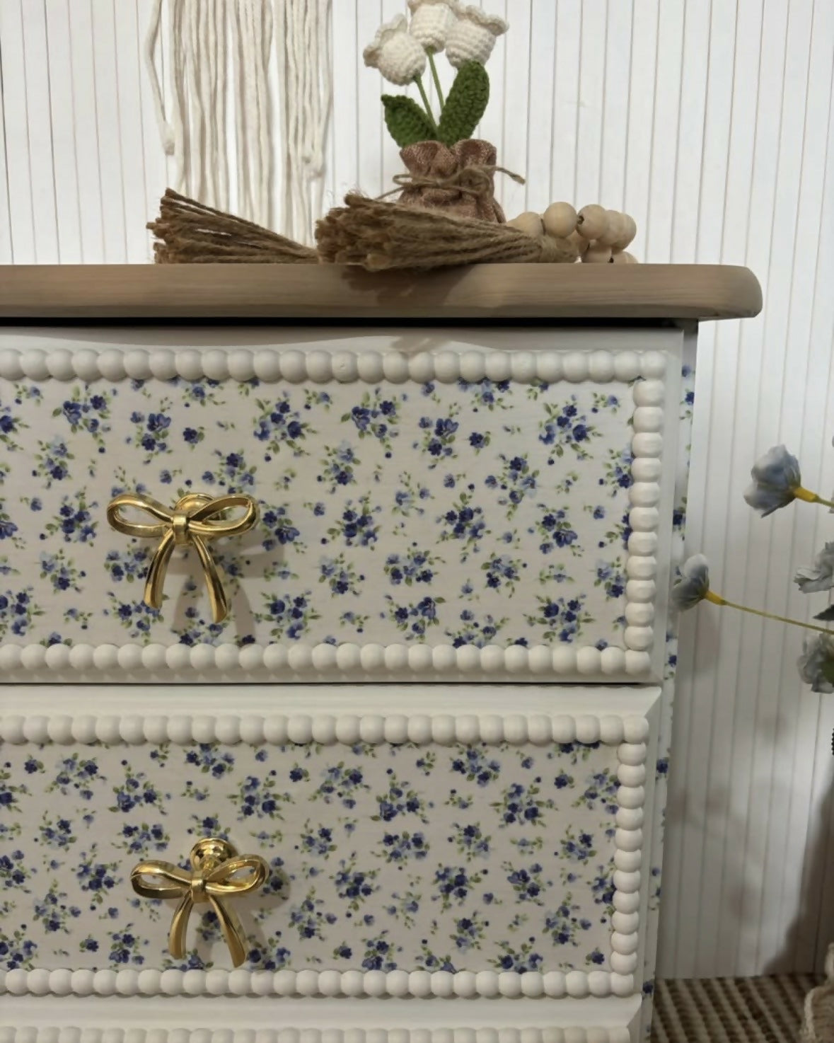 Pair of pine bedside drawers featuring floral decoupage