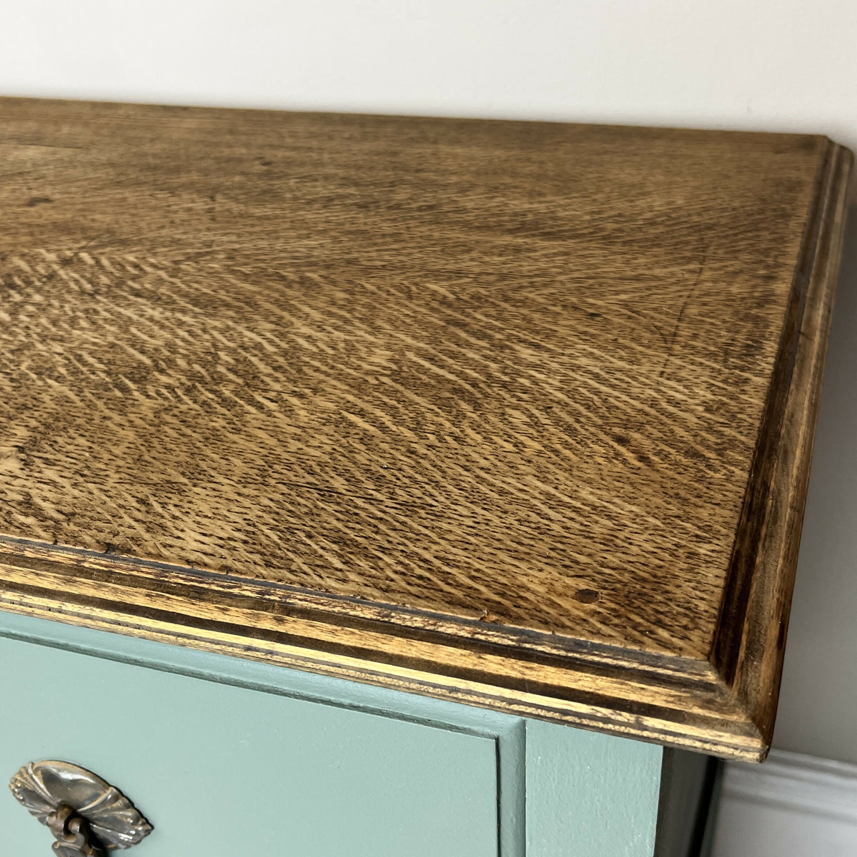 Vintage Chest of Drawers Stripped Oak Top Art Sage Green Upcycled Compact Size