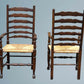 Pair Oak Rush Seated Ladder Back Armchairs