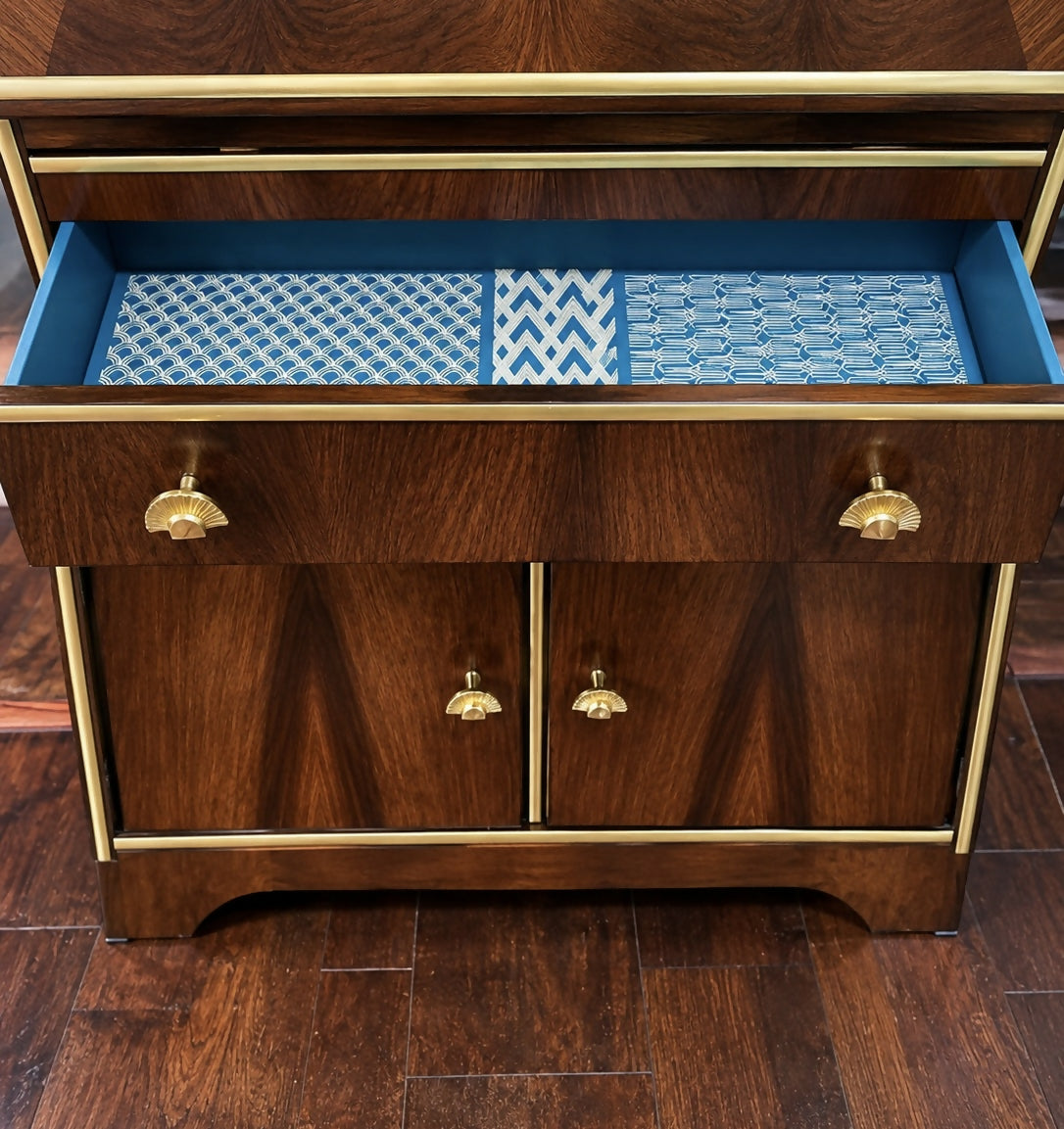 Art Deco Style Walnut Bureau/Writing Desk with Teal & Gold Interior