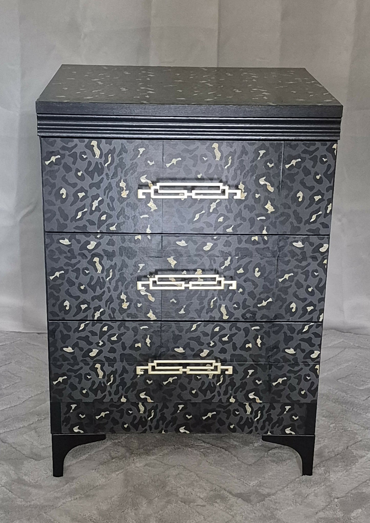 Luxe Black & Gold upcycled Leopard Print Bedside Tables | Art Deco Glam