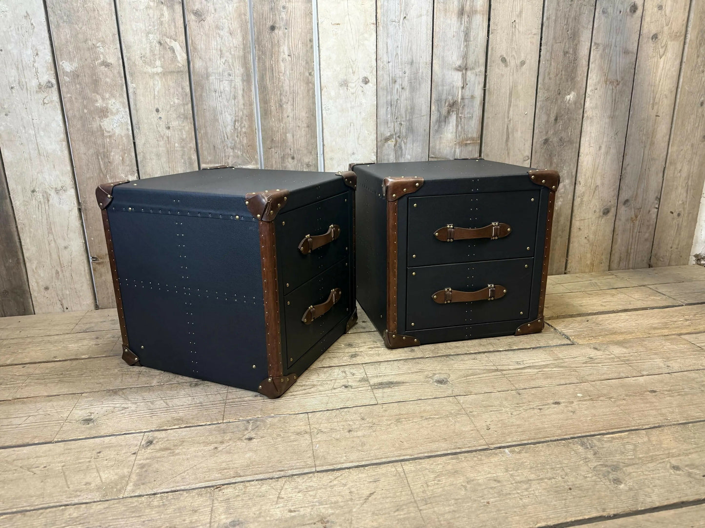 Black Leather Brown Trimmed Handmade Luxury Bedroom End Tables