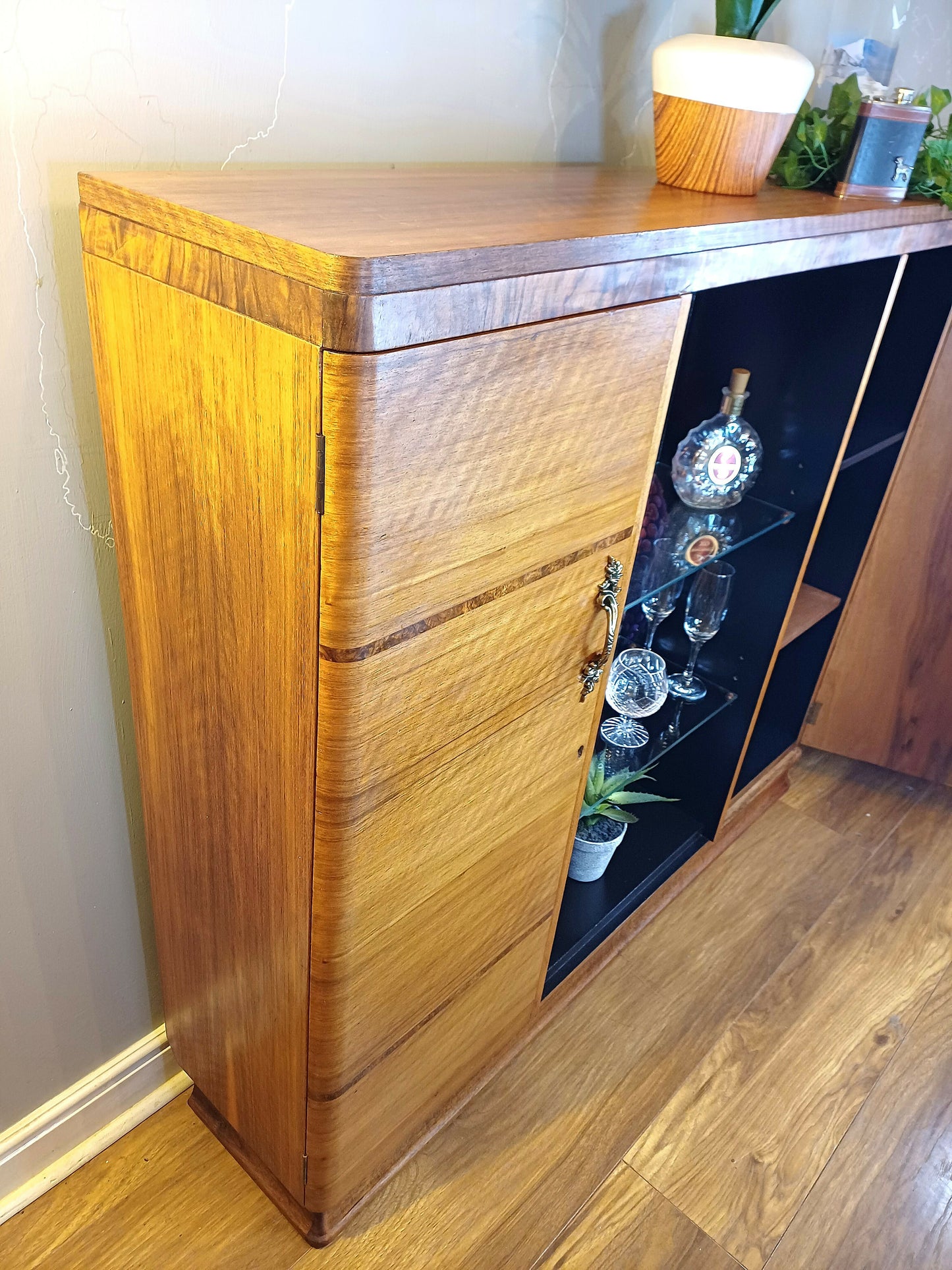 Upcycled / Restored Decoupaged Black Cabinet with Octopus Design, Glass Shelves and Storage
