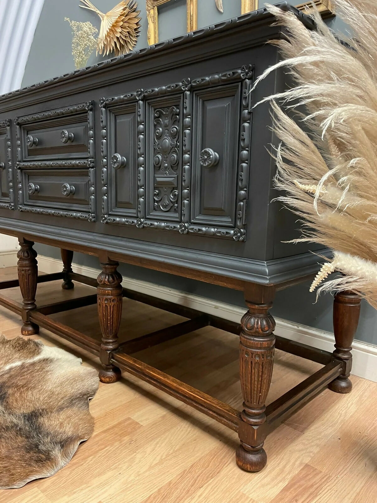 Vintage carved large dark grey & oak sideboard