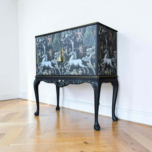 Vintage art deco black gold drinks cocktail cabinet unique decoupage tall queen Anne cabinet bar
