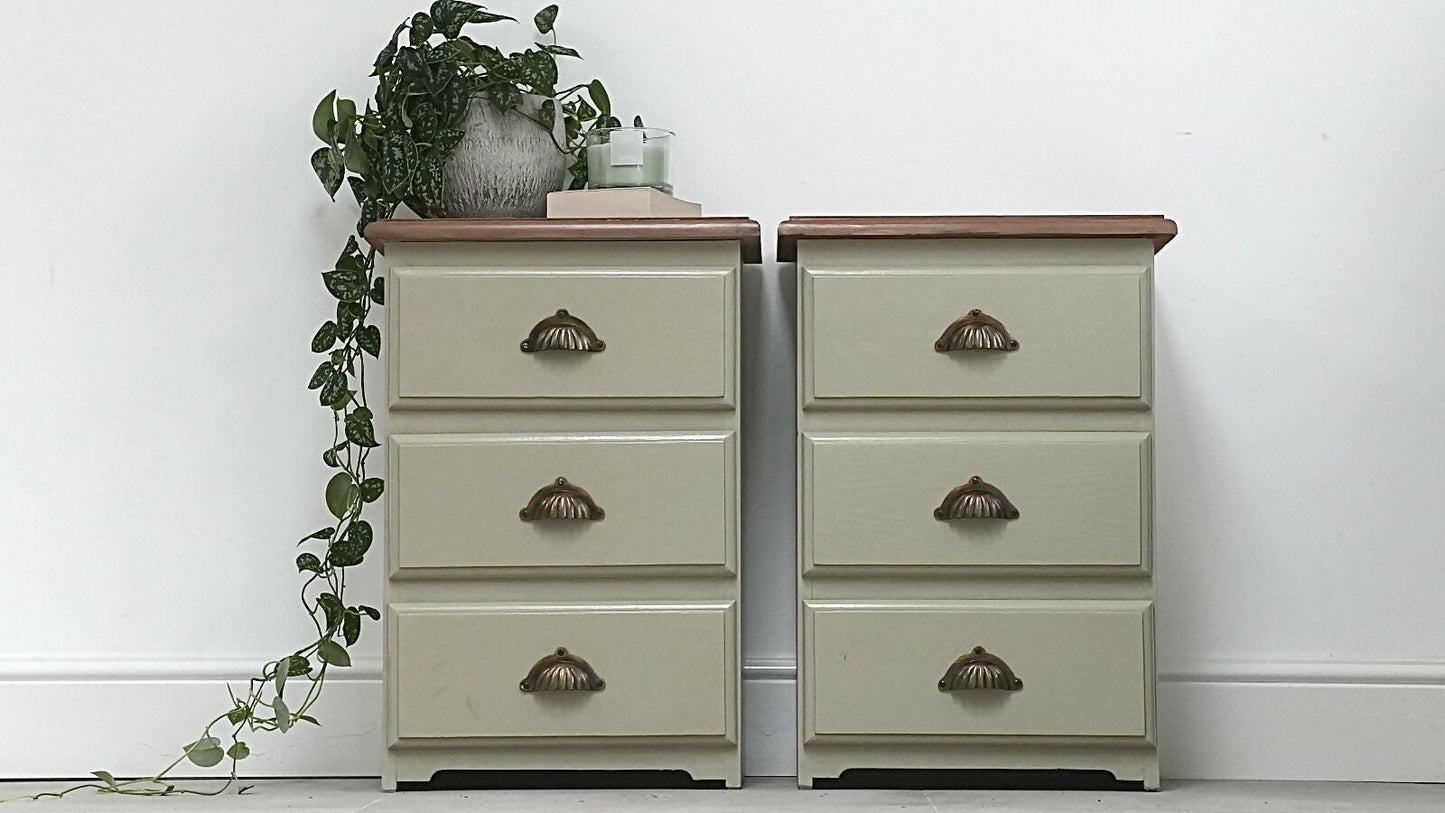 Pair of Vintage Wooden 3 Drawers Bedside Tables, in Sage Green