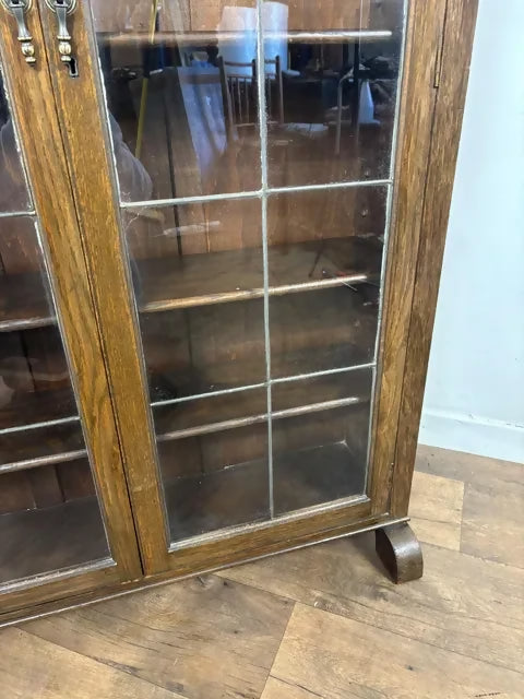 Art Deco Style Oak Leaded Glass Bookcase / Display Cabinet