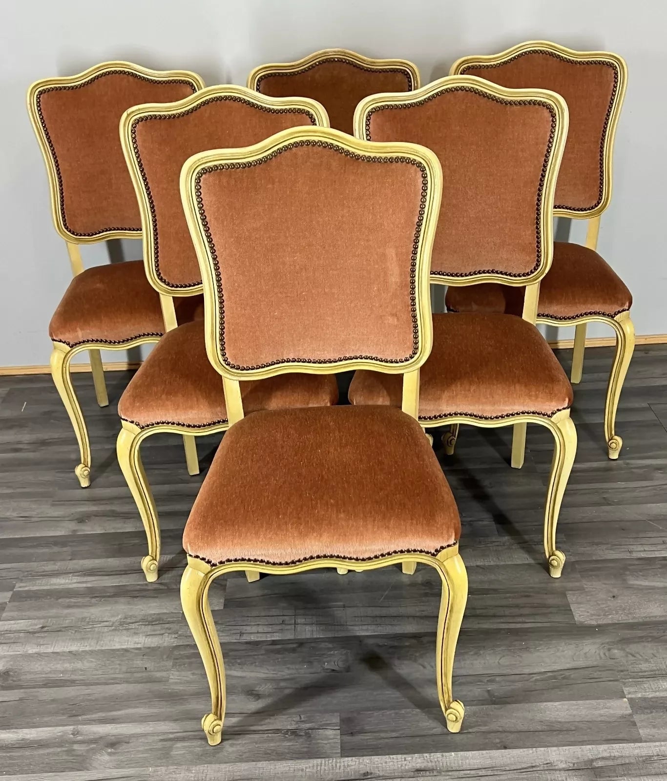 Vintage French Louis XVI Dining Table Set | Shabby Chic Oak Furniture | Includes 6 Upholstered Chairs Carved Detail LOT 4404