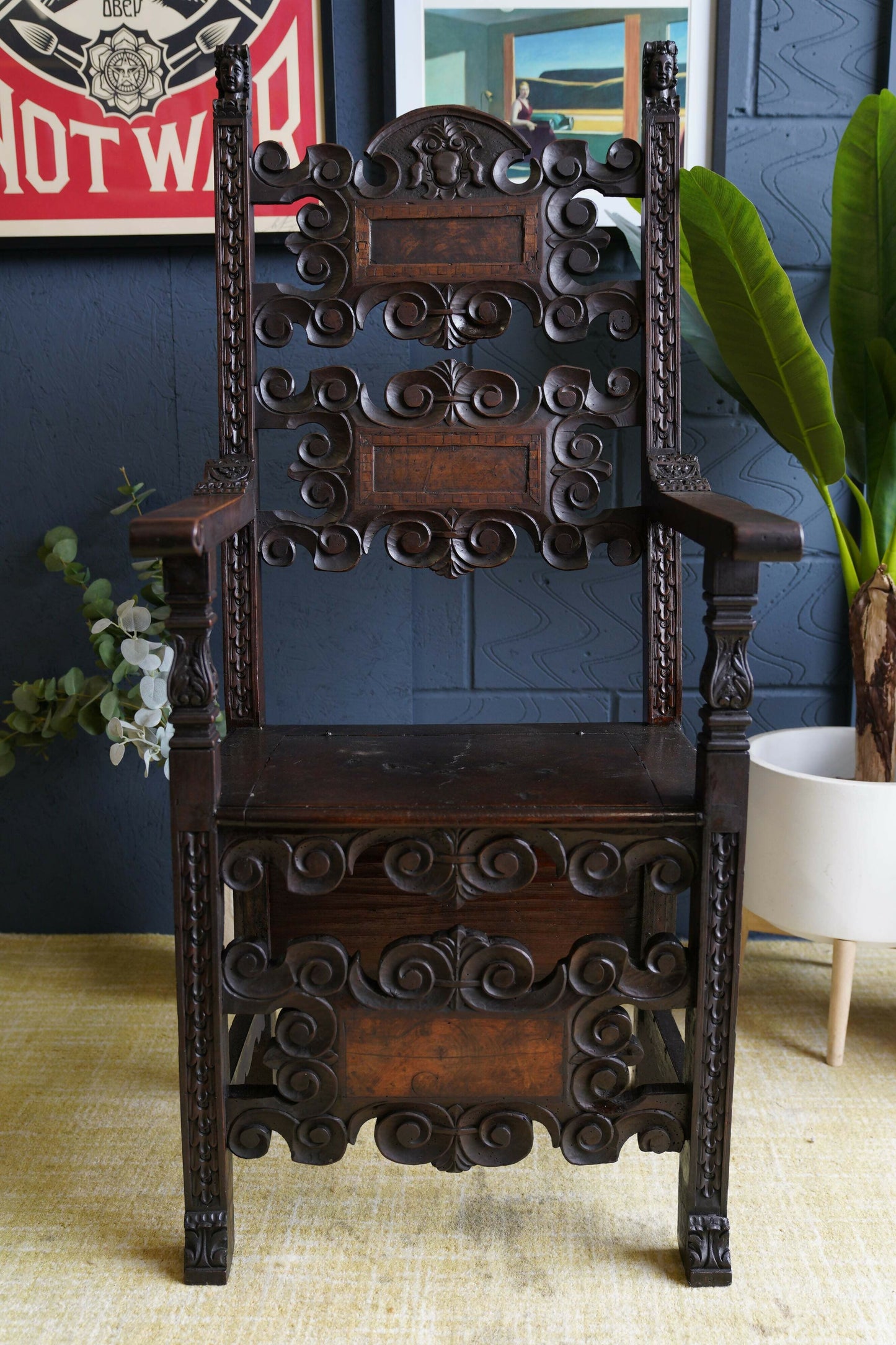 Italian Renaissance Revival Hall Oak Carved Antique Chair Carved Wainscot Throne Ecclesiastical