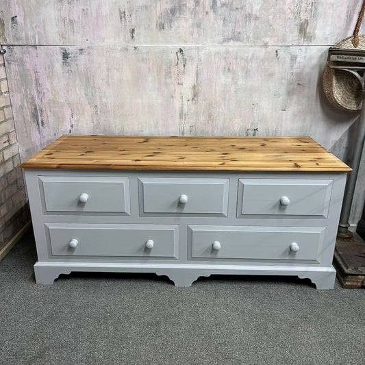 Modern Painted Long Pine Sideboard 5 Drawers Pale Grey Sanded Top Knob Handles