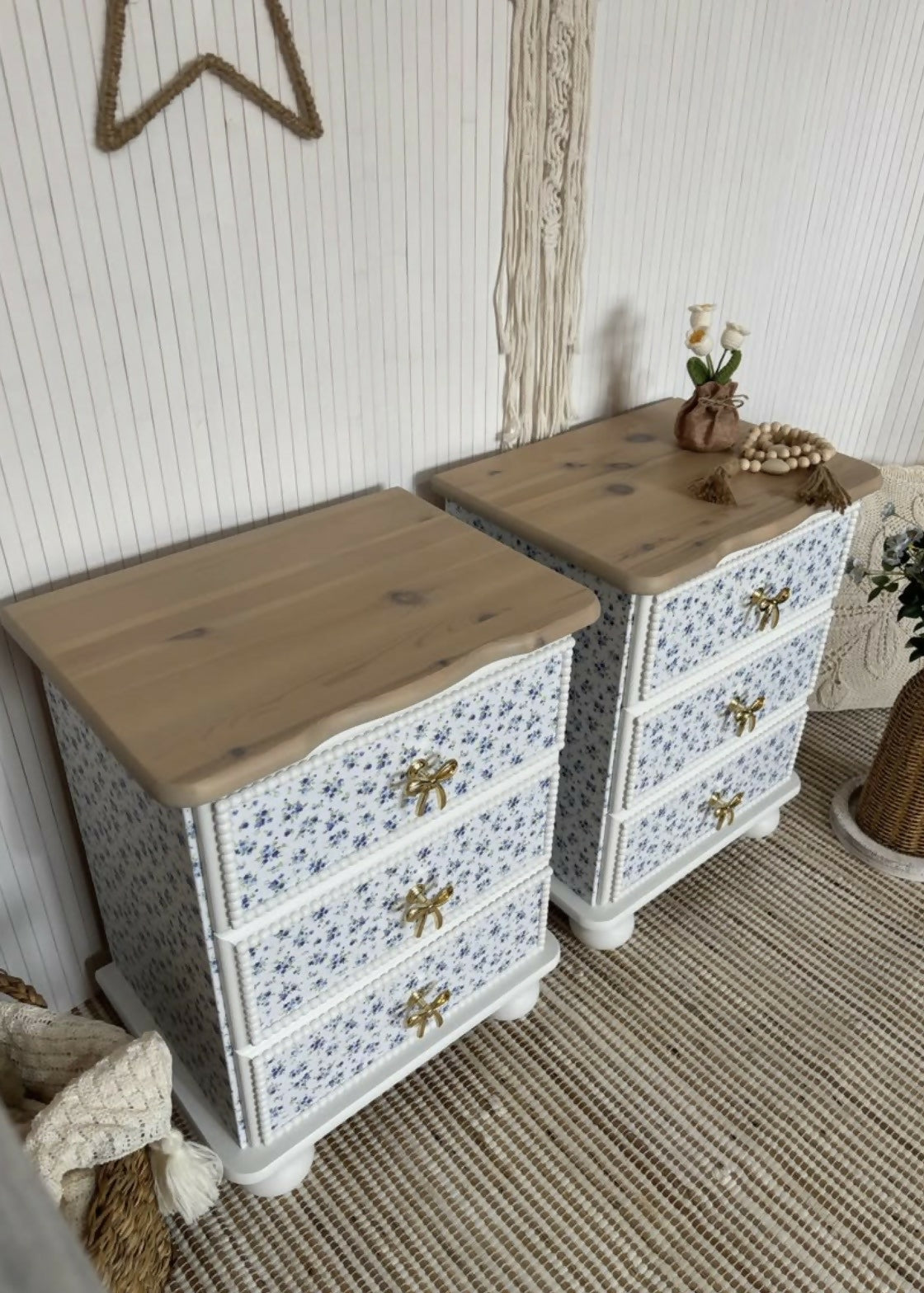 Pair of pine bedside drawers featuring floral decoupage