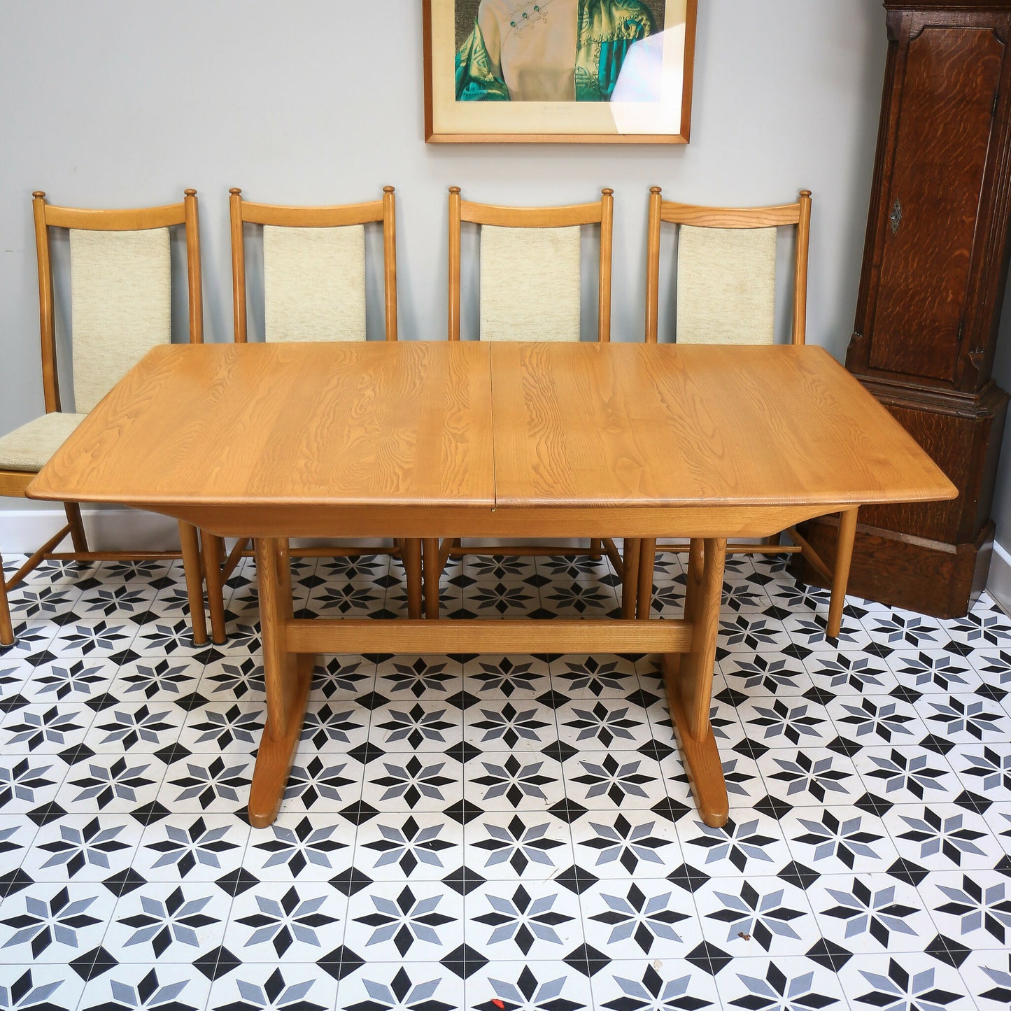 Ercol Windsor Large Extending Dining Table and Four Windsor Penn Chairs