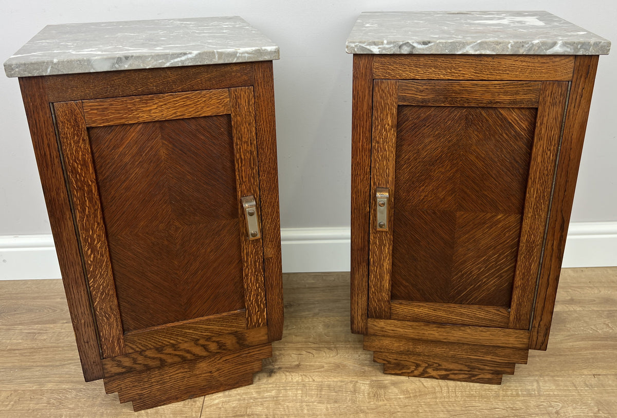 Pair of Bedside Tables Antique French Style Oak Marble Top Cabinets LOT 6573