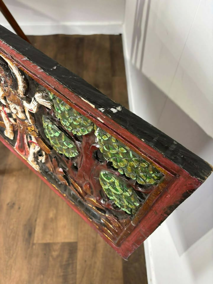 Large Hand Carved Wooden Panel Depicting Figures In A Forest