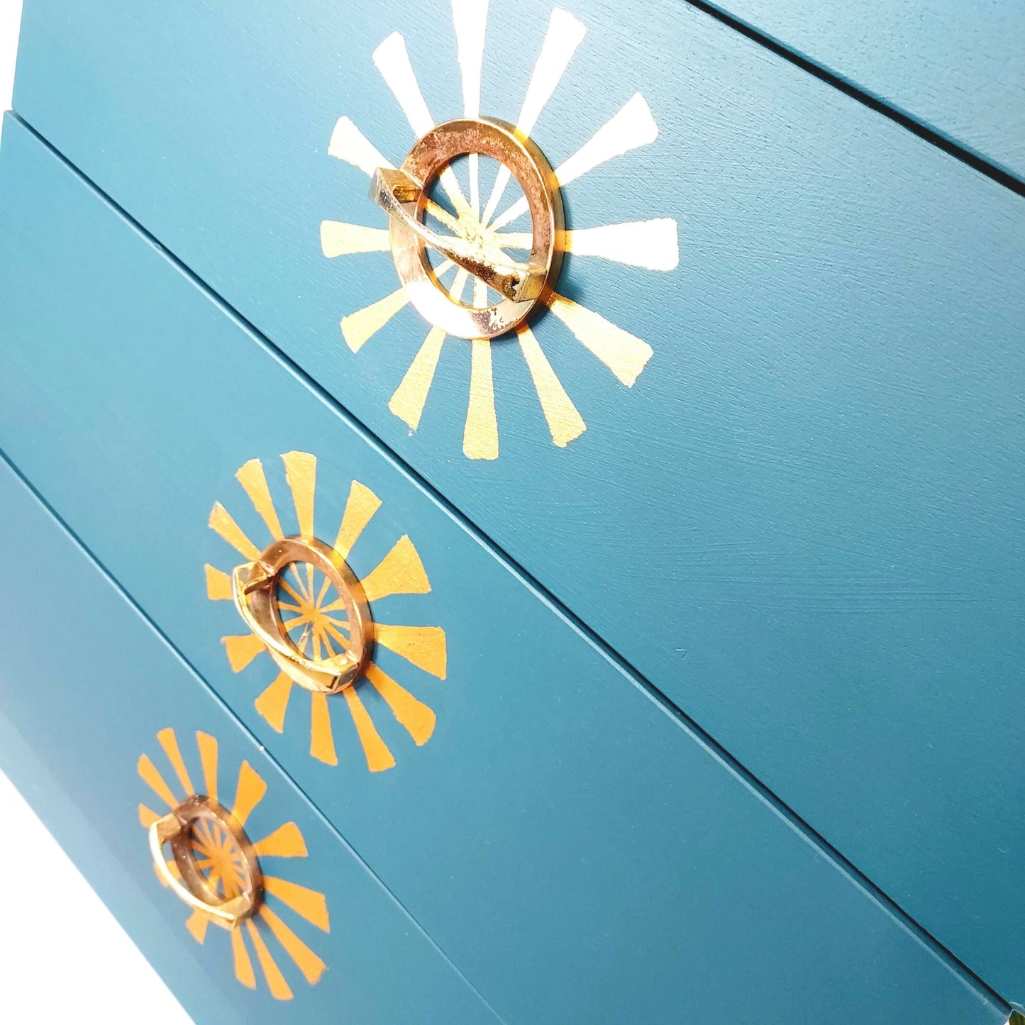 Upcycled hand painted drawers in teal with gold leaf design