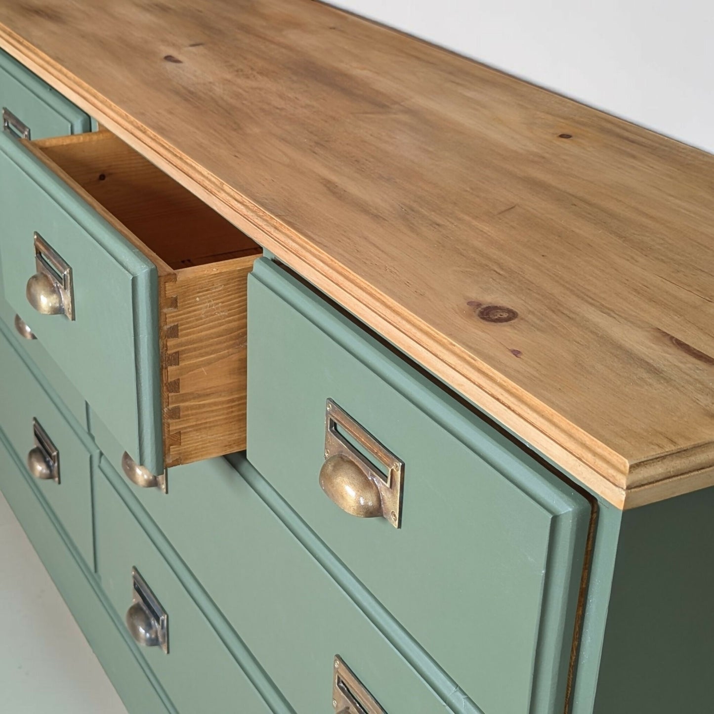 Large olive green rustic pine merchant sideboard/ chest of drawers