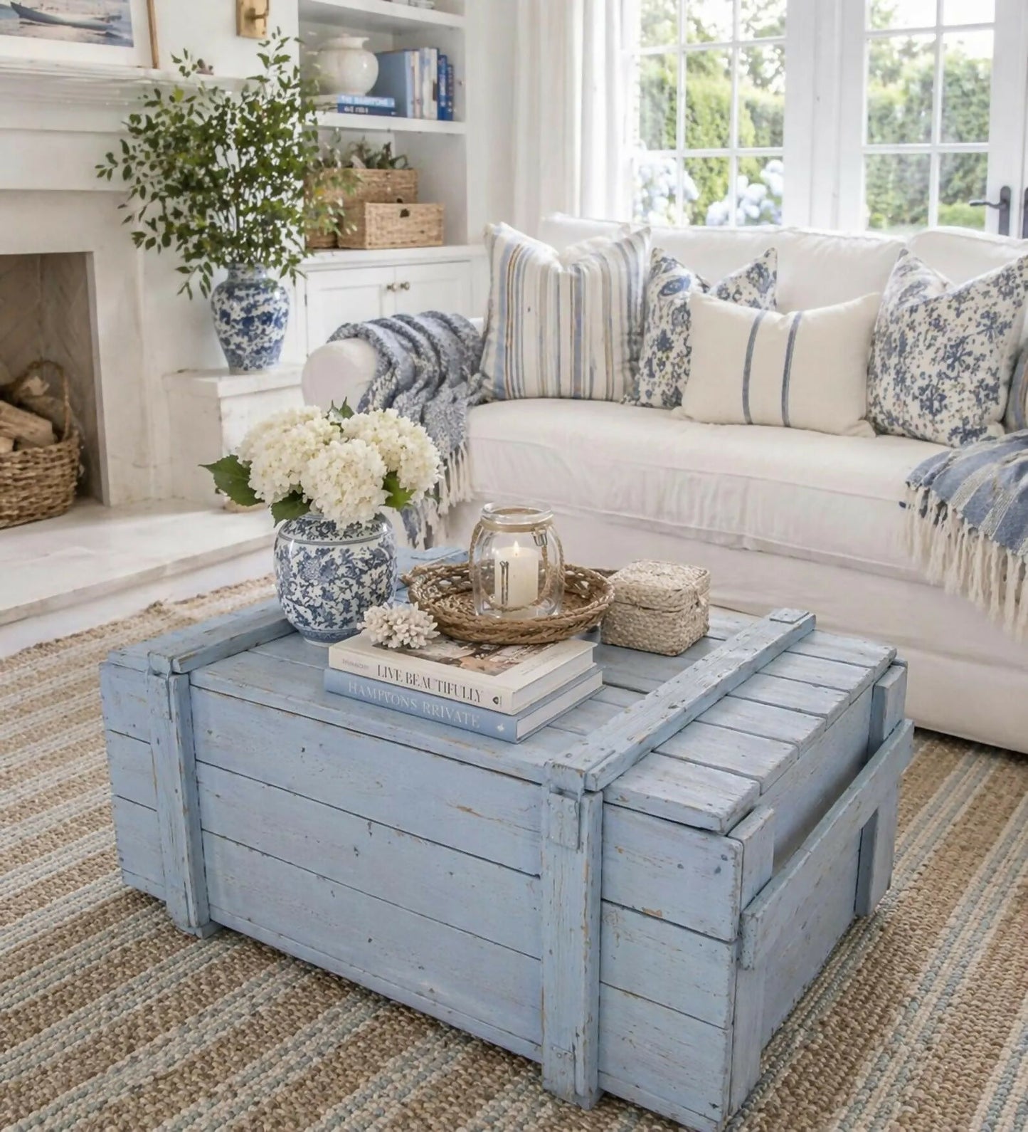 Pastel Blue Vintage Military Chest Coffee Table – Reclaimed Solid Wood Army Trunk Storage Table, Rustic Farmhouse Coffee Table