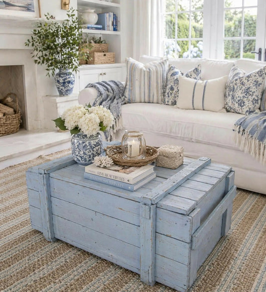 Pastel Blue Vintage Military Chest Coffee Table – Reclaimed Solid Wood Army Trunk Storage Table, Rustic Farmhouse Coffee Table