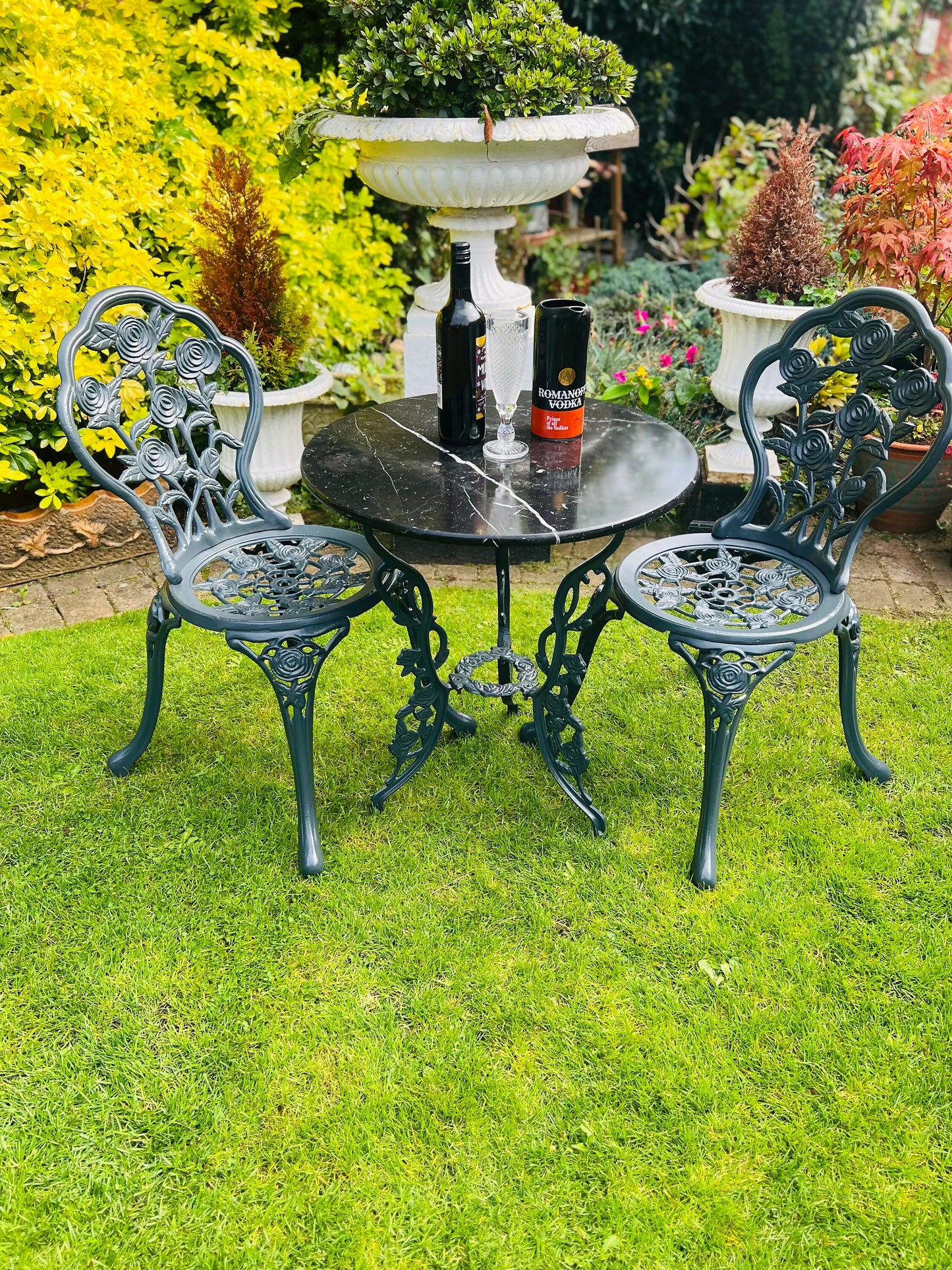 Grey Vintage Cast Iron and Marble Garden Furniture Patio Set