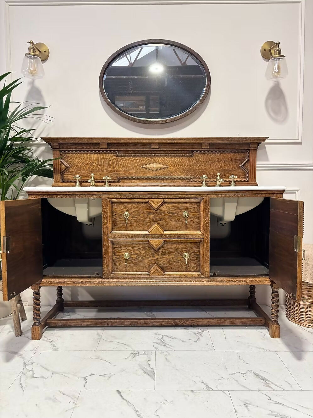 Vintage Wooden Oak Double Vanity Unit