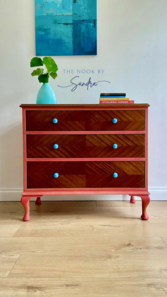 Upcycled Mid Century Chest of Drawers – Vintage Dresser with Coral Frame & Turquoise Knobs