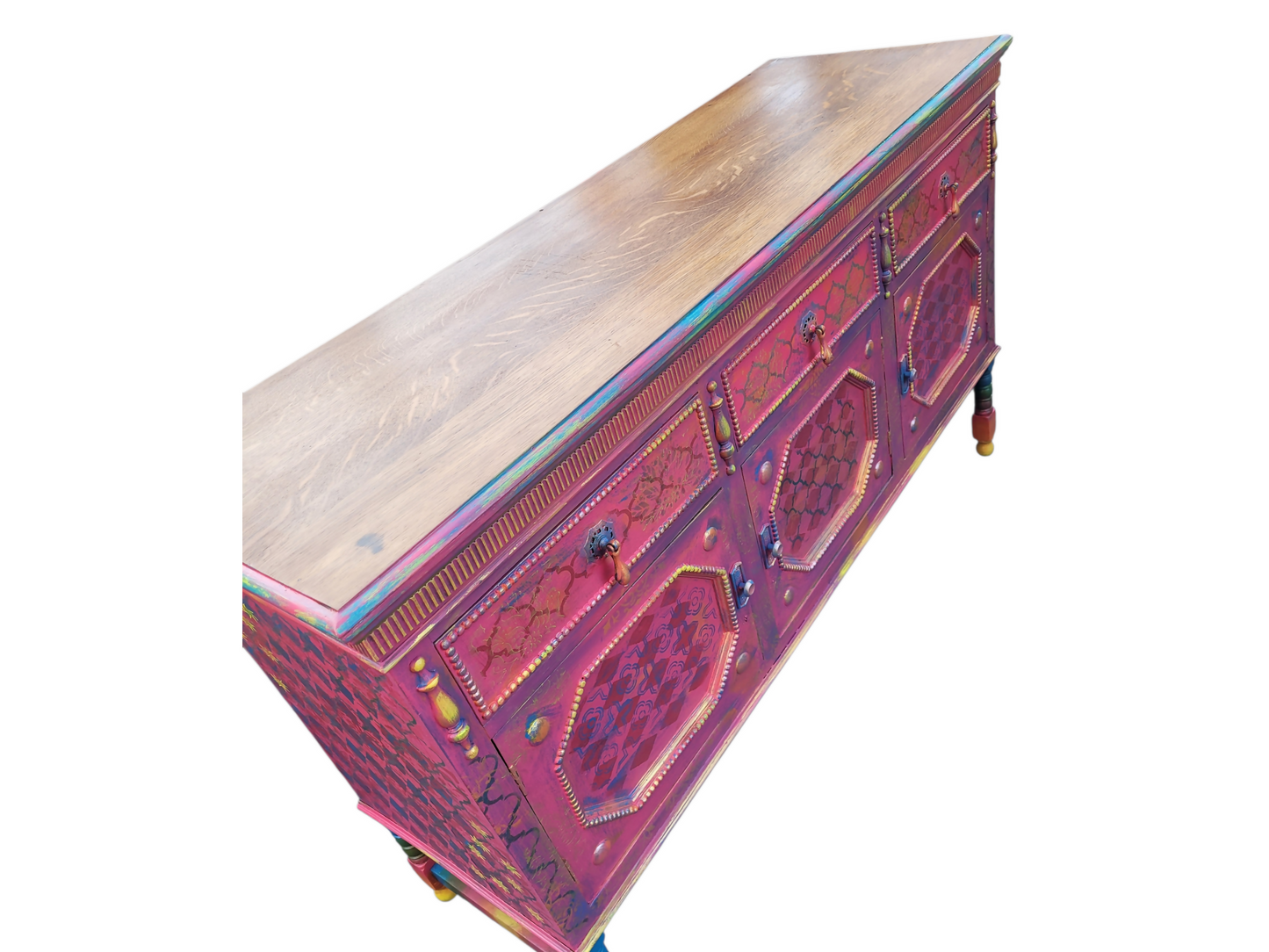 Boho Statement Cabinet. Hand Painted Vintage Sideboard. Colourful One of a Kind Furniture.