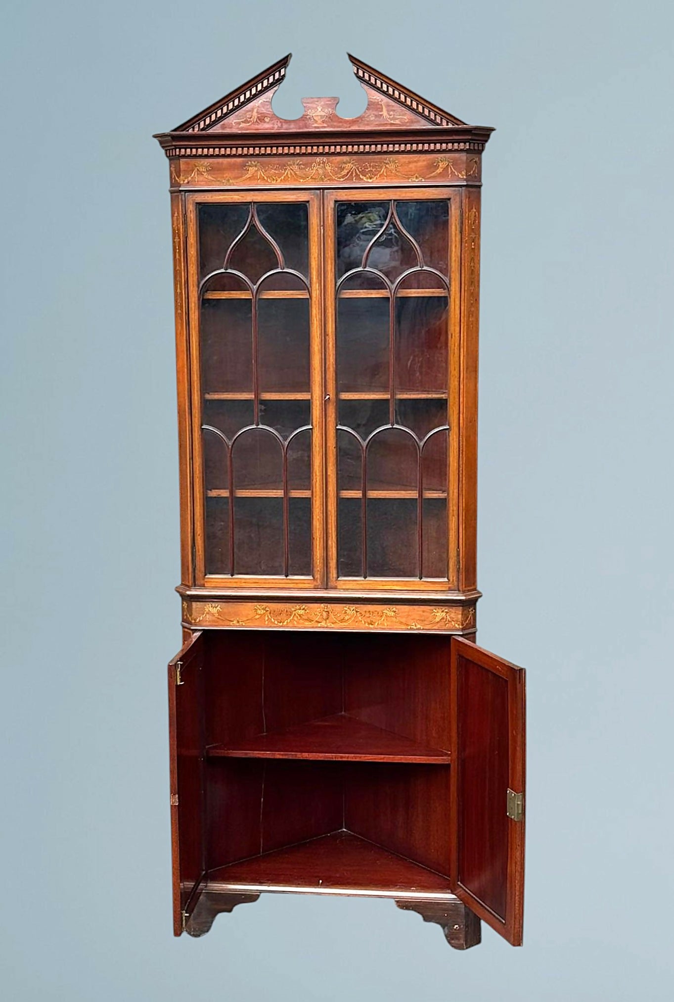 An Edwardian Mahogany, Satinwood and Marquetry Inlaid Corner Cabinet