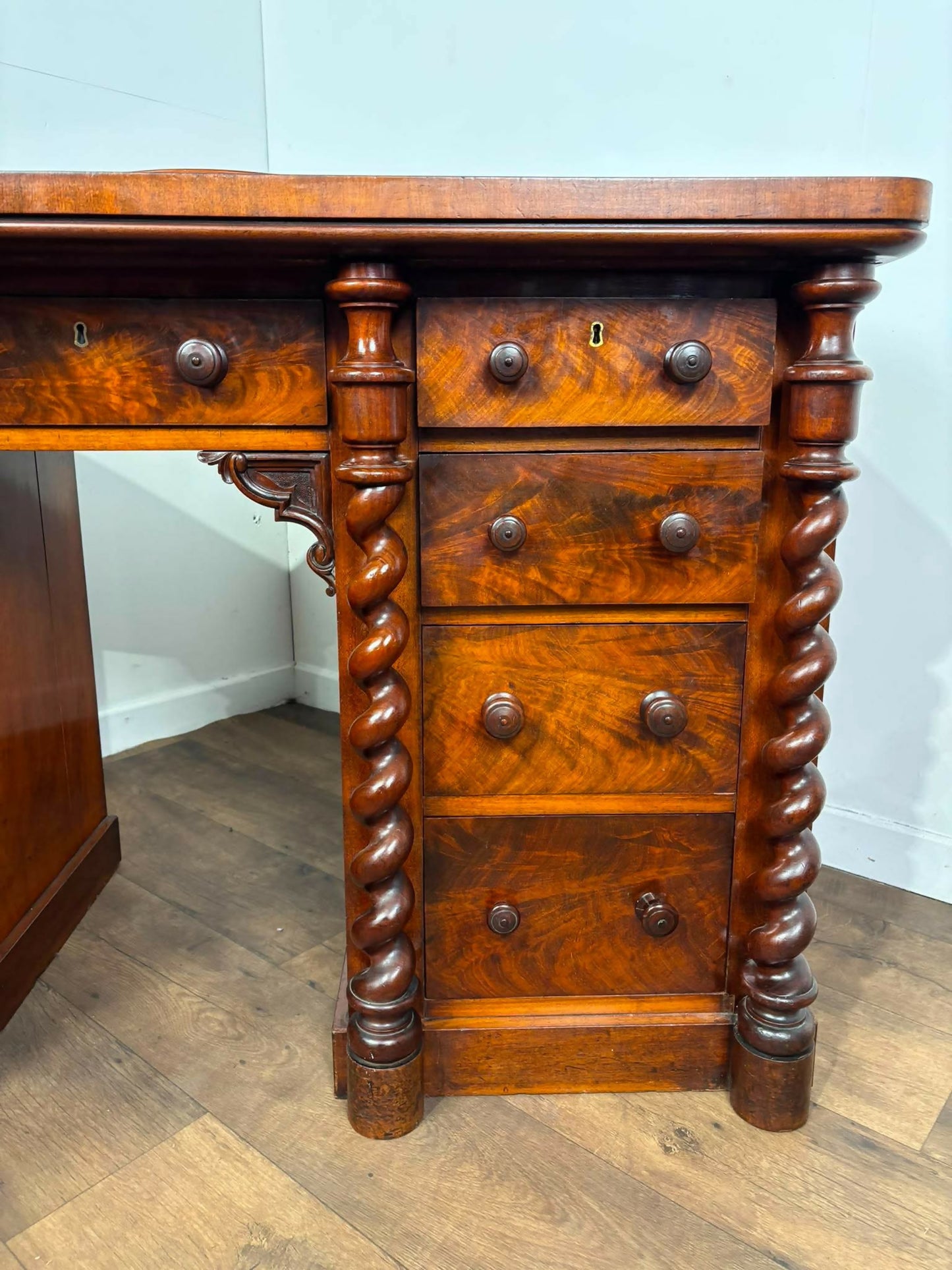 Victorian Scottish Flame Mahogany Pedestal Desk