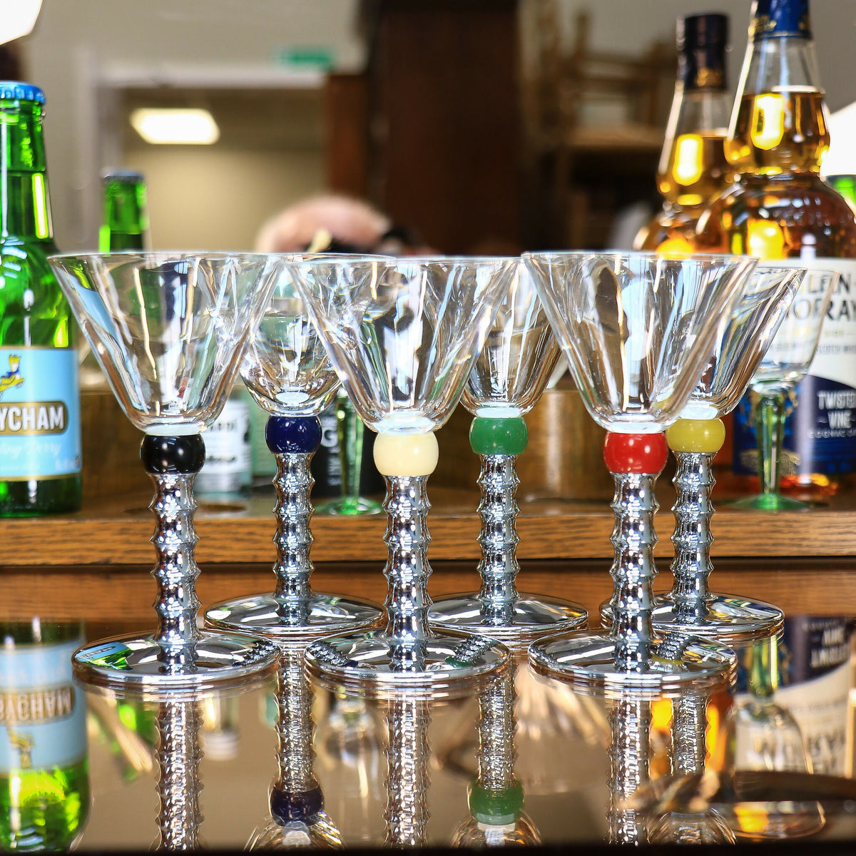 Six Art Deco Cocktail Martini Glasses on Chrome Stems with Coloured Accent Ball