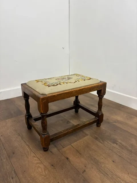 Vintage Oak Stool with Embroidered Pad