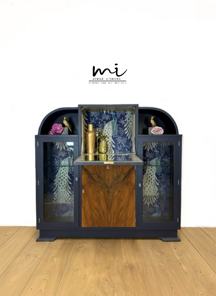 Art Deco refinished walnut cocktail cabinet, navy blue, champagne gold, vintage drinks cabinet, glass display cabinet, sideboard