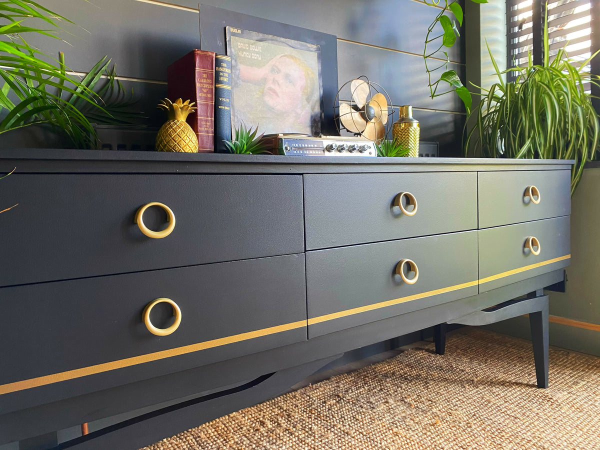 Sideboard With Drawers, TV Cabinet, Black Low And Wide, Mid Century.