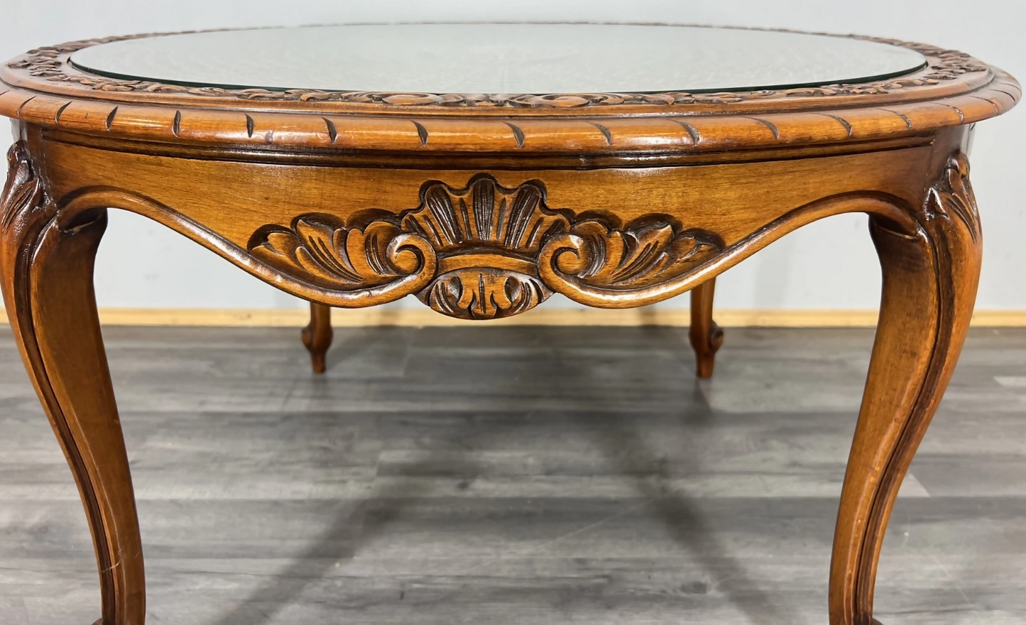 Coffee Table Vintage French Louis XIV Glass Top Ornate Cane Round Table LOT 3941