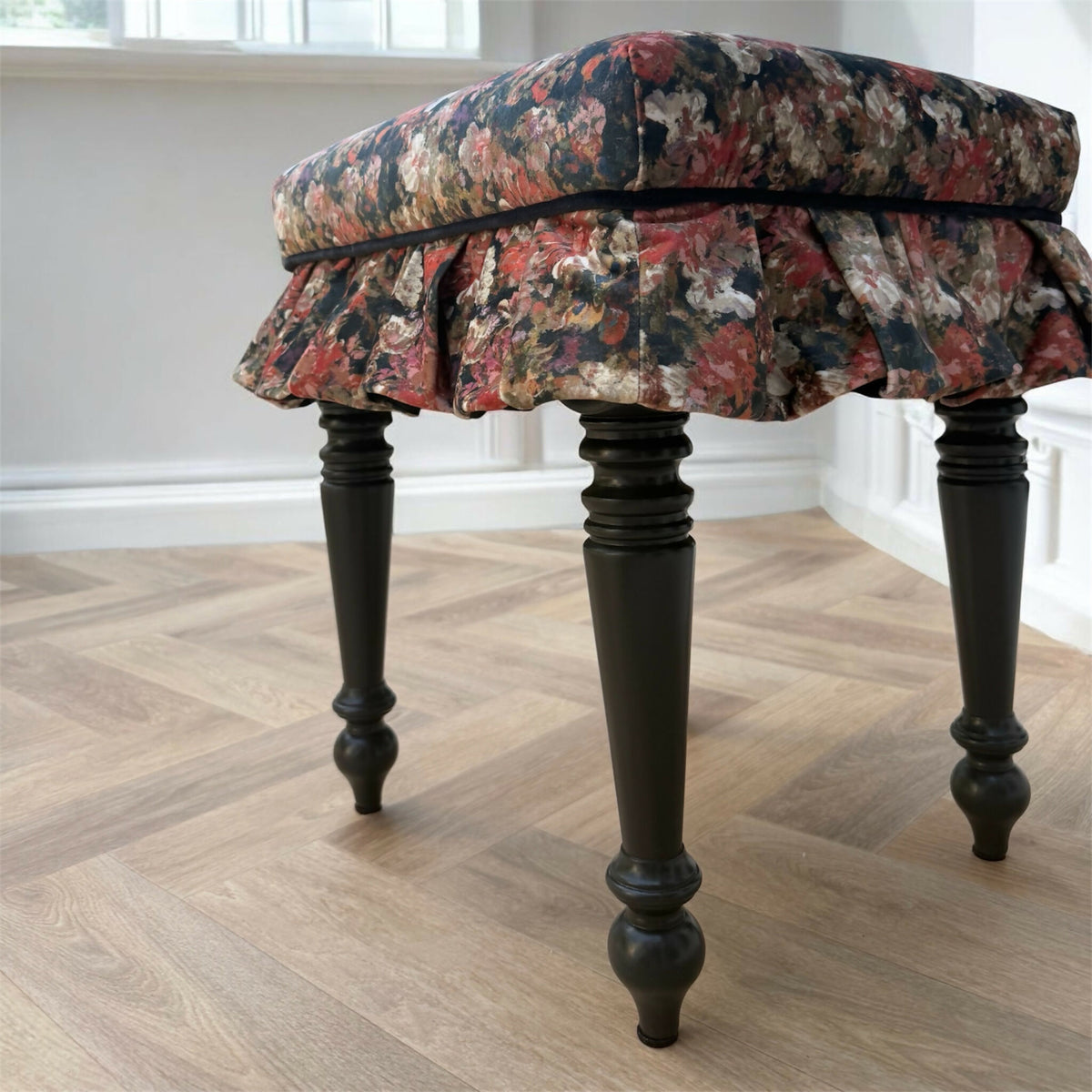 Vintage Upholstered Ruffled Stool - Art of Loom 'Jardin Autumn'