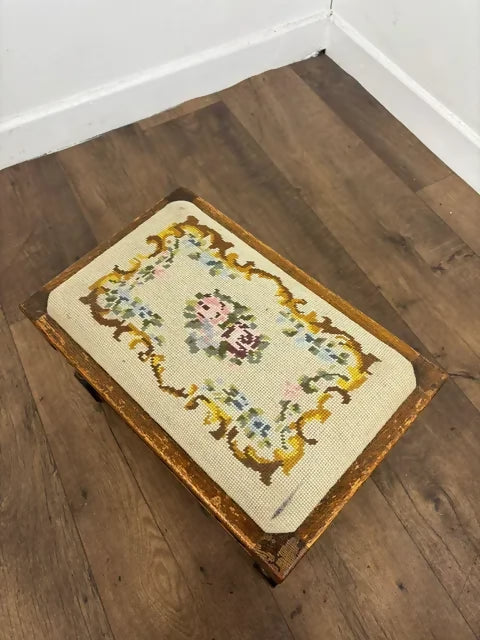 Vintage Oak Stool with Embroidered Pad