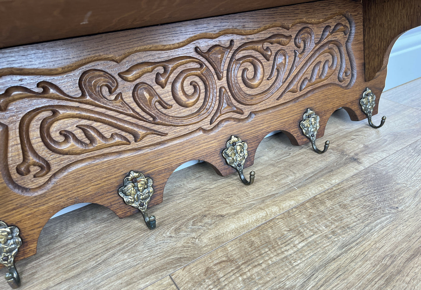 Coat Rack Vintage French Oak Wall Mounted 5 Hooks Carved Rack Hanger LOT 6204