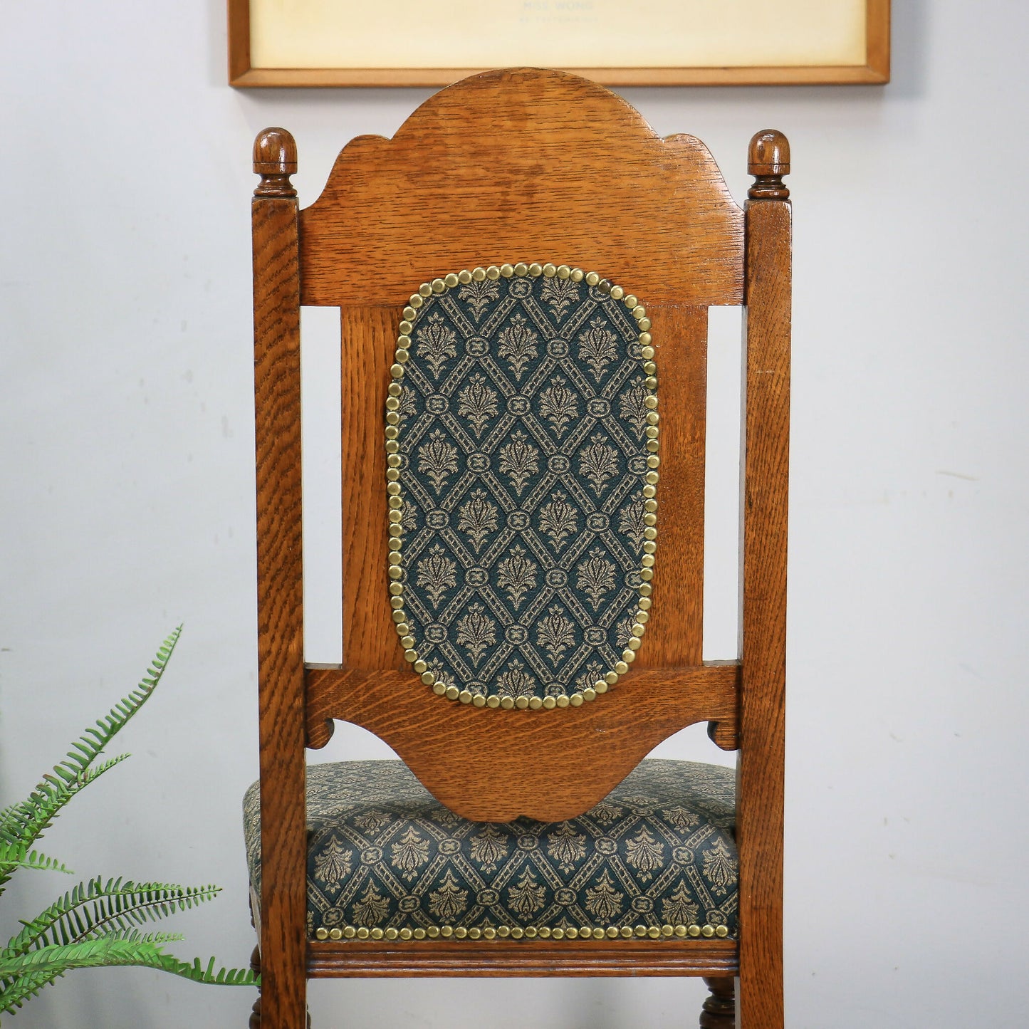 Victorian Side or Hall Chair Carved Back in Solid Oak with Green and Gold Fabric