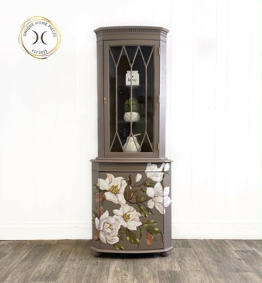 Beige Brown Glazed Corner Display Cabinet With Magnolia Flower Design