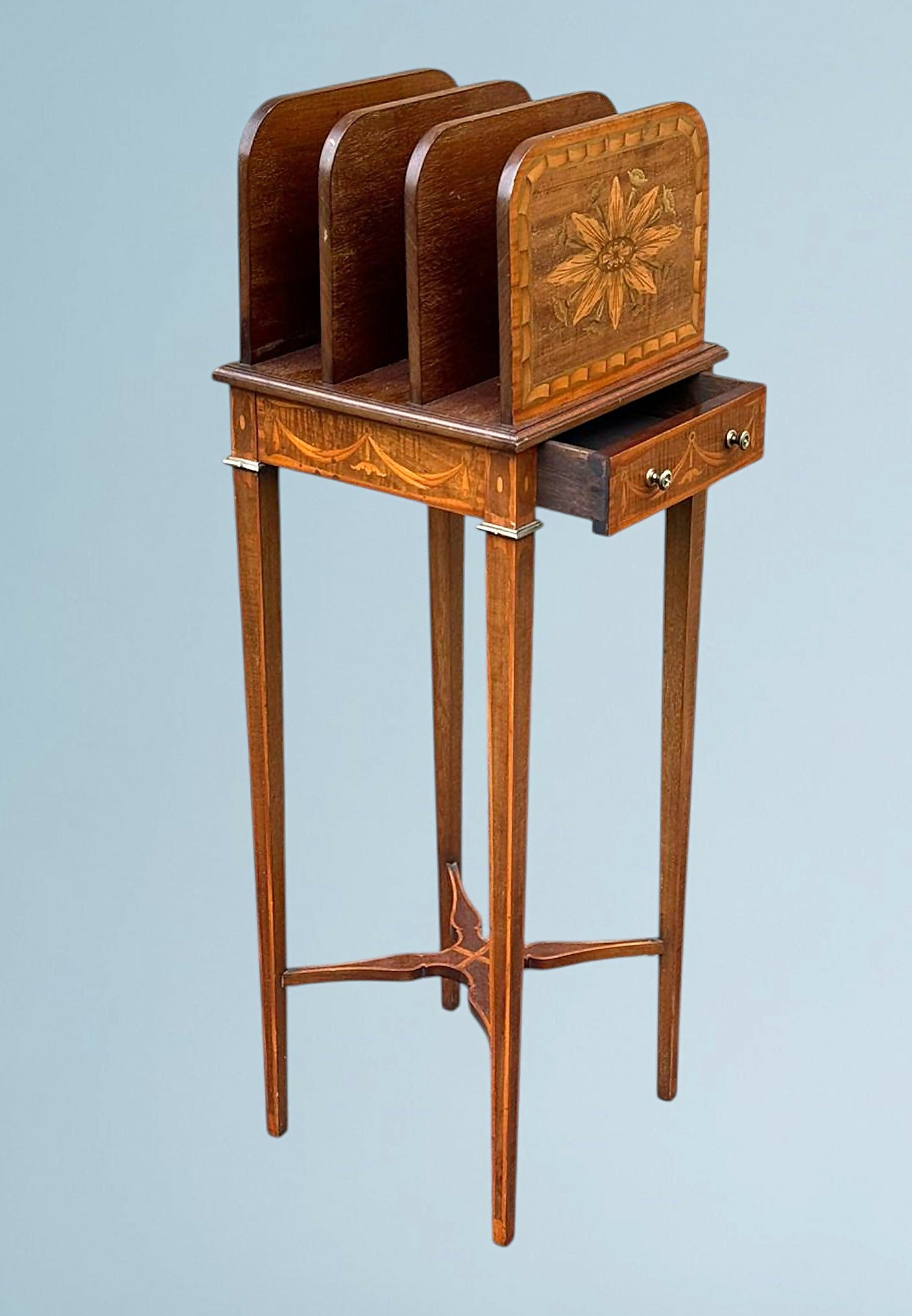 Sheraton Revival Inlaid Mahogany Canterbury Stand / Magazine Rack