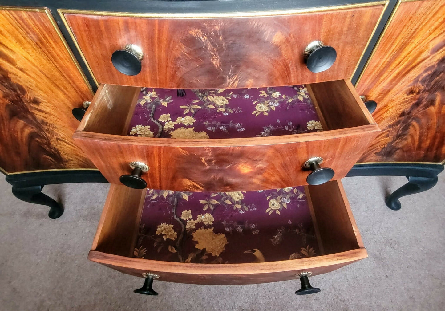 Refined Vintage Flame Mahogany Serpentine Sideboard in black