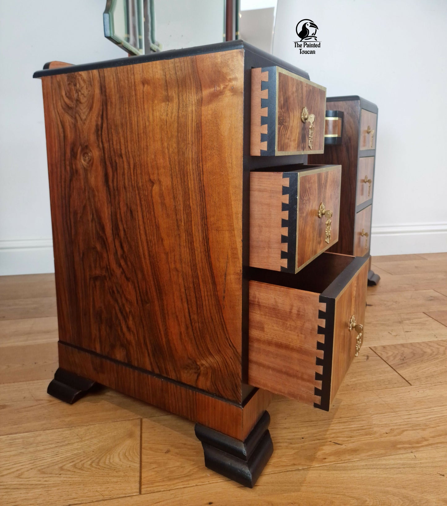 Restored 1940s Art Deco Burr Walnut Dressing Table - Black and Gold