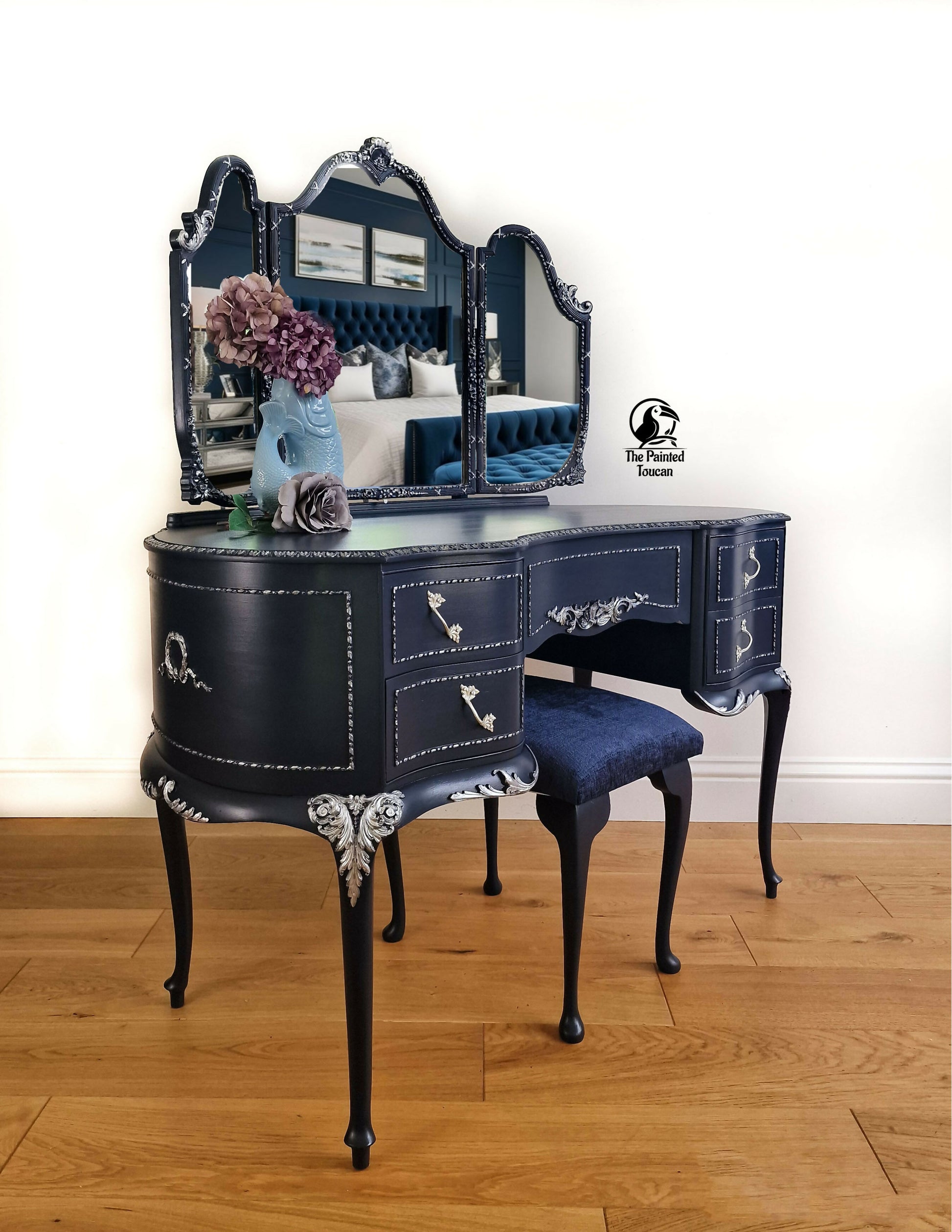 navy and gold dressing table Navy Blue Dressing Table with 2 Drawers and Metallic Trim - Isabella