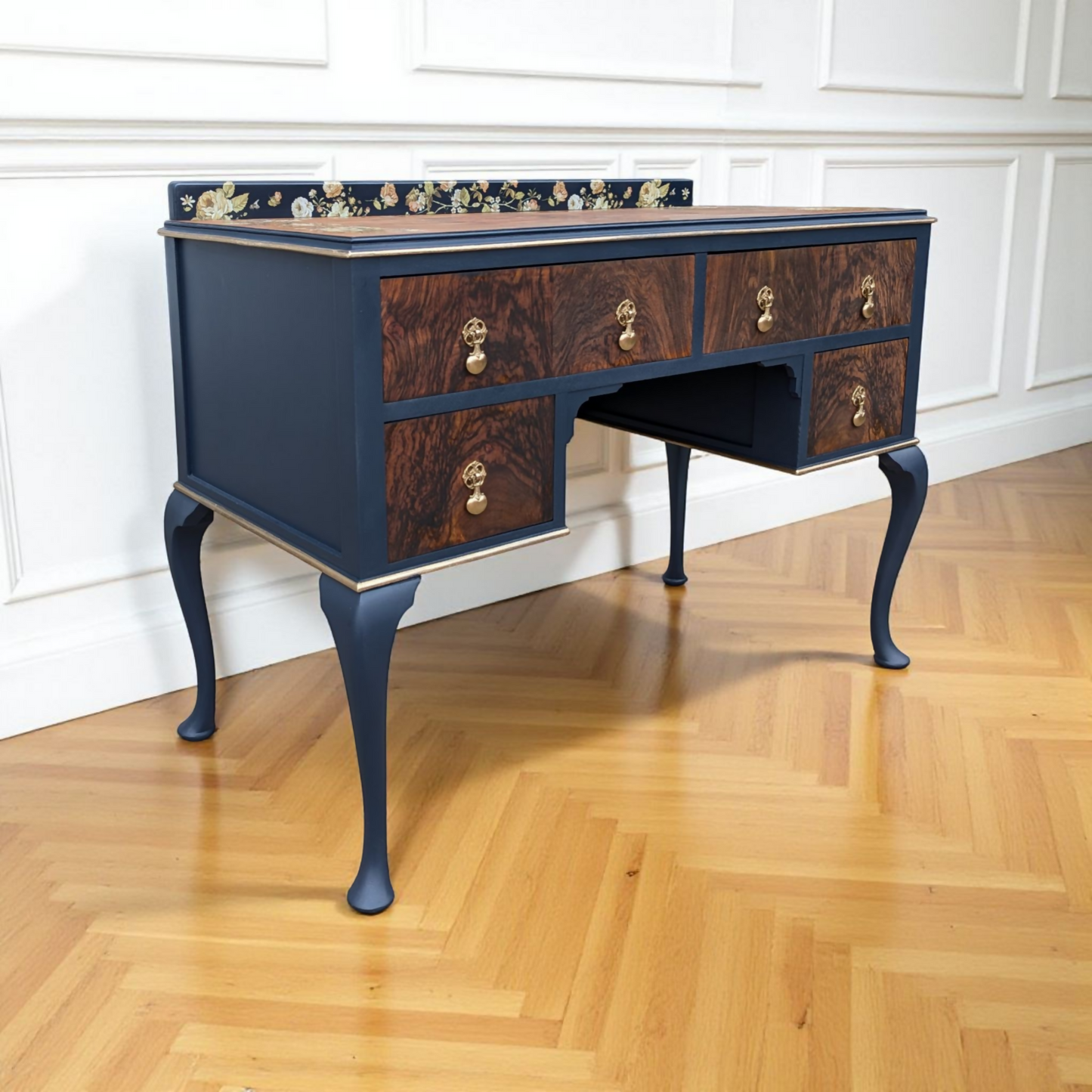 Vintage art deco navy blue and gold dressing table, walnut burr wood desk