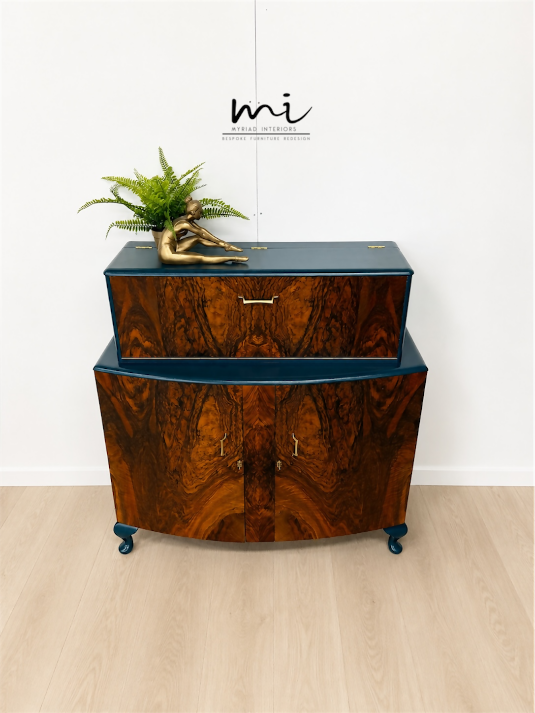 Navy Blue and Gold Art Deco Walnut Drinks Cabinet, cocktail cabinet, 1930s, vintage bar, sideboard, refurbished