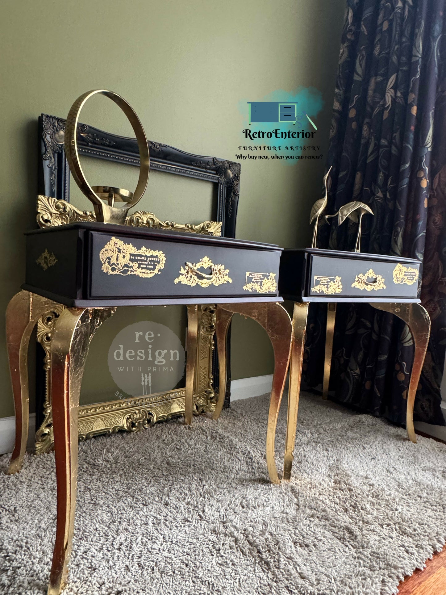 Pair of French-Inspired Vintage Bedside Tables – Deep Elderberry & Gold Elegance