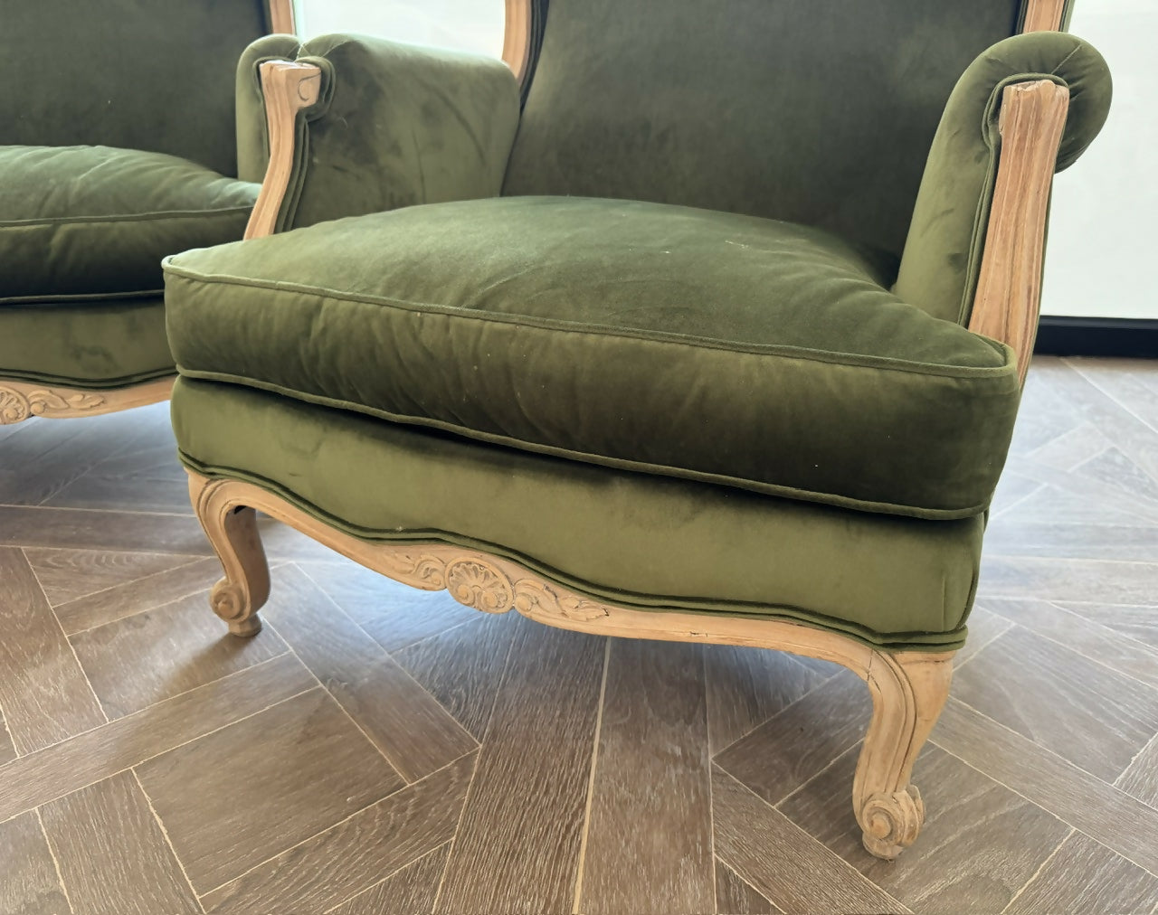 Extremely Comfortable Pair French Wing Back Arm Chairs